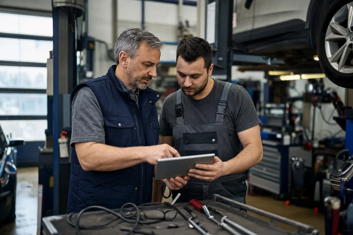 Serviceberater und Werkstattmitarbeiter besprechen einen Auftrag in einer Werkstatt.