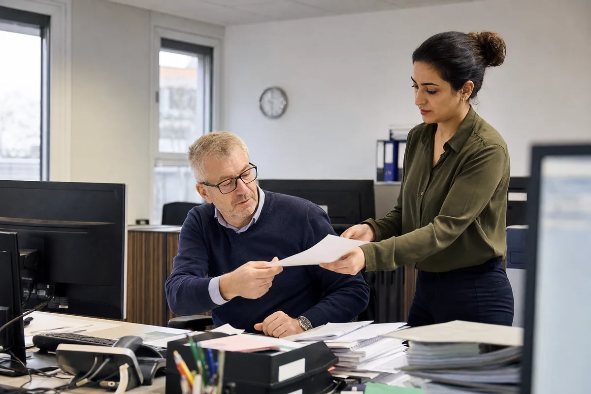 Zwei Fachkraefte bearbeiten gemeinsam Unterlagen in einem Finanz-Backoffice.
