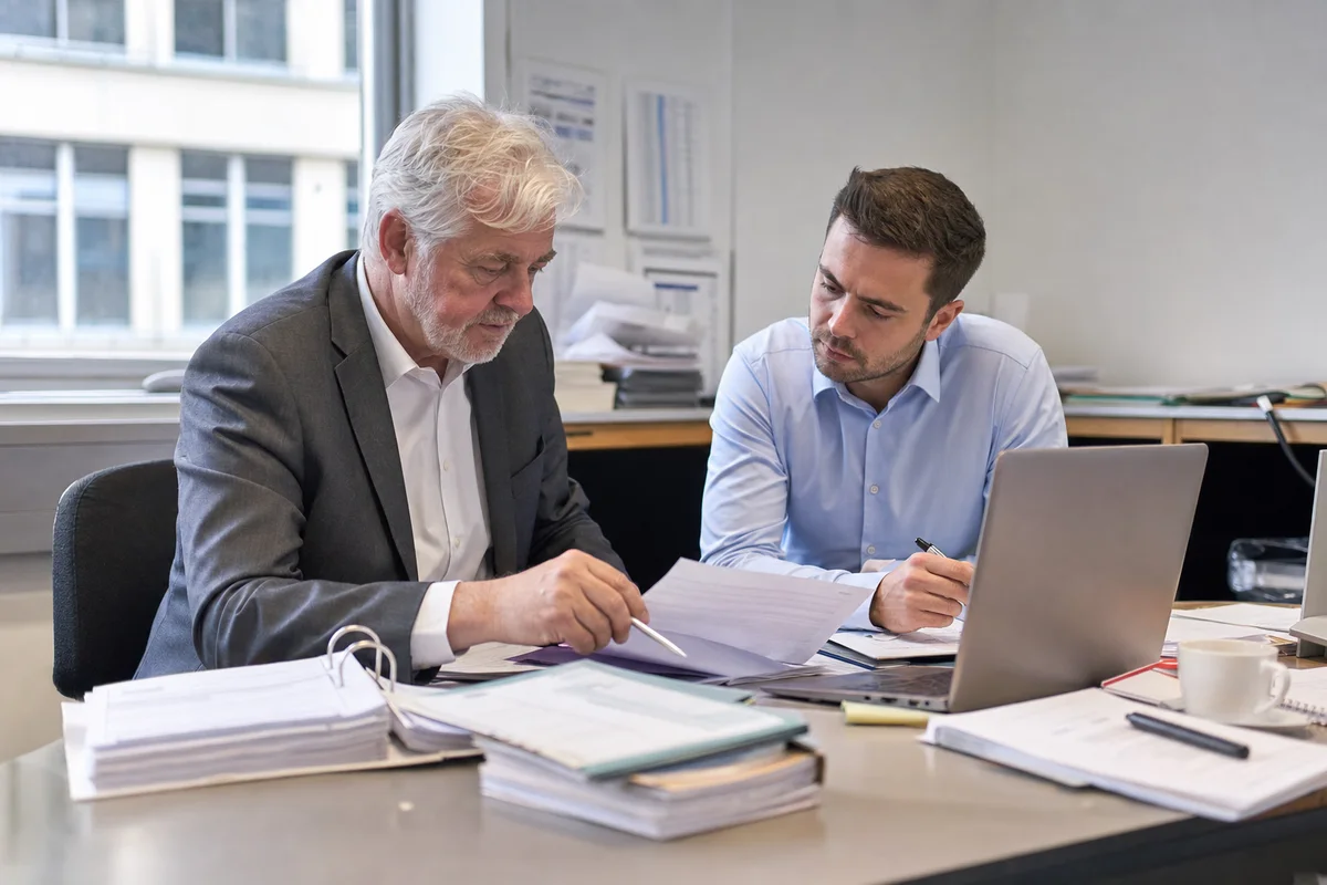 Zwei Fachkraefte besprechen Unterlagen an einem genutzten Kanzleiarbeitsplatz.